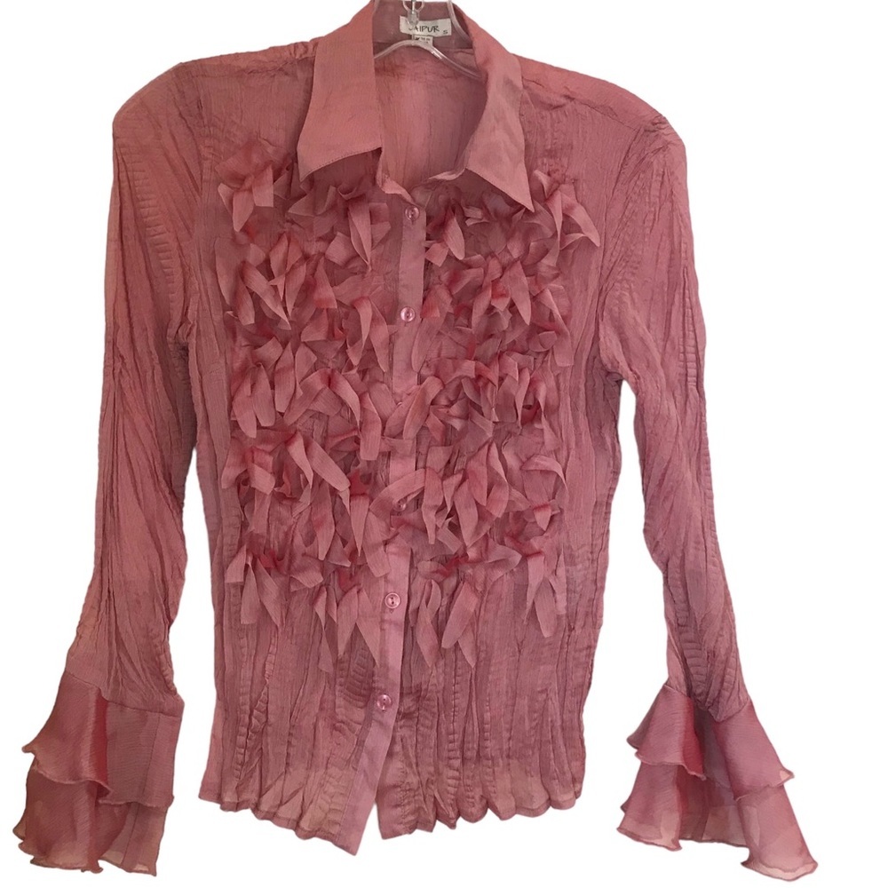 JAIPUR Ruffles Semi Sheer Dual Tone Flutter Blouse Shirt Pleat Button Down Pink